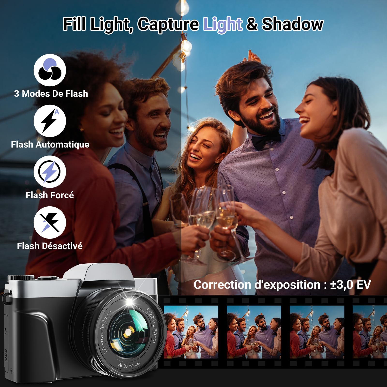 Appareil Photo Numérique avec WiFi 4K 64MP, WiFi Appareil Photo Compact avec Écran Rotatif 3” 180°, Zoom Numérique 16X, Autofocus, Flash, 2 Batteries & Carte 32GB, Idéal pour Adolescents, Débutants