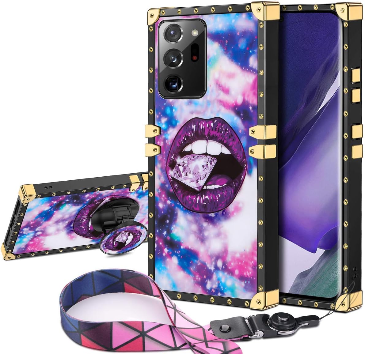 JAKPAK for Galaxy Note 20 Ultra 5G Case with Kickstand for Girl Women TPU Luxury Case with Strap Shockproof Protective Heavy Duty Reinforced Corners Case for Galaxy Note 20 Ultra 5G 6.9inch Lip Purple