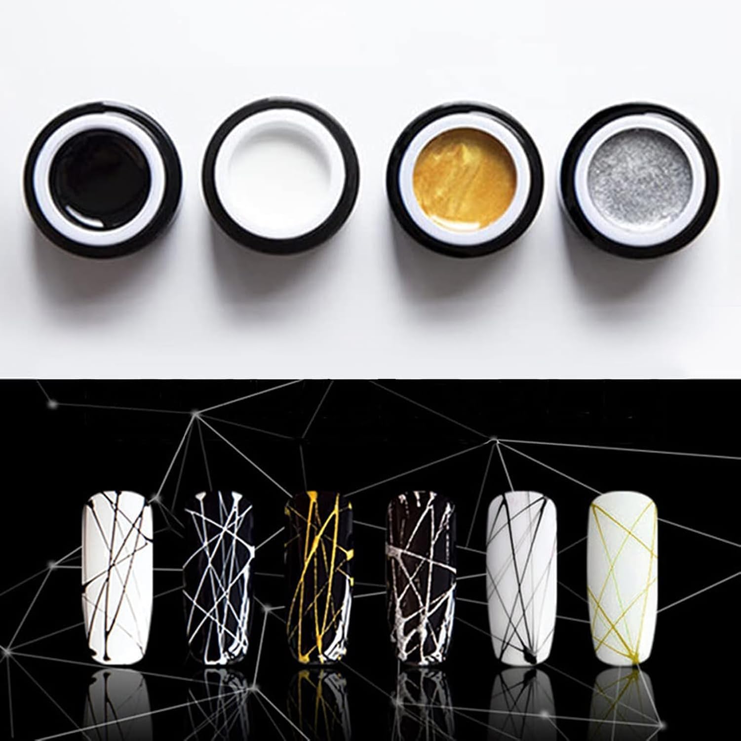 VonruiSpider Nail Gel,Nail Art Line,Silk Point Creative Pulling Matrix Gel Wire Painting Gel Varnish Web Gel 3D Emboss Soak Off 4 colors/set(White Black Gold Silver)