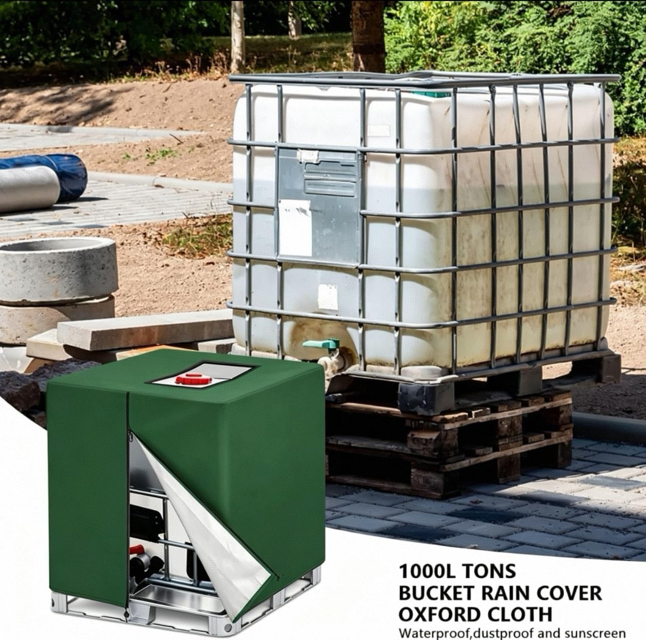IBC Tote Cover,Zipper 275 Gallon Water Tote Covers for 1000l Rain Barrel,Outdoor Water Tank Garden Sunshade Water Proof Protective Cover(Green)