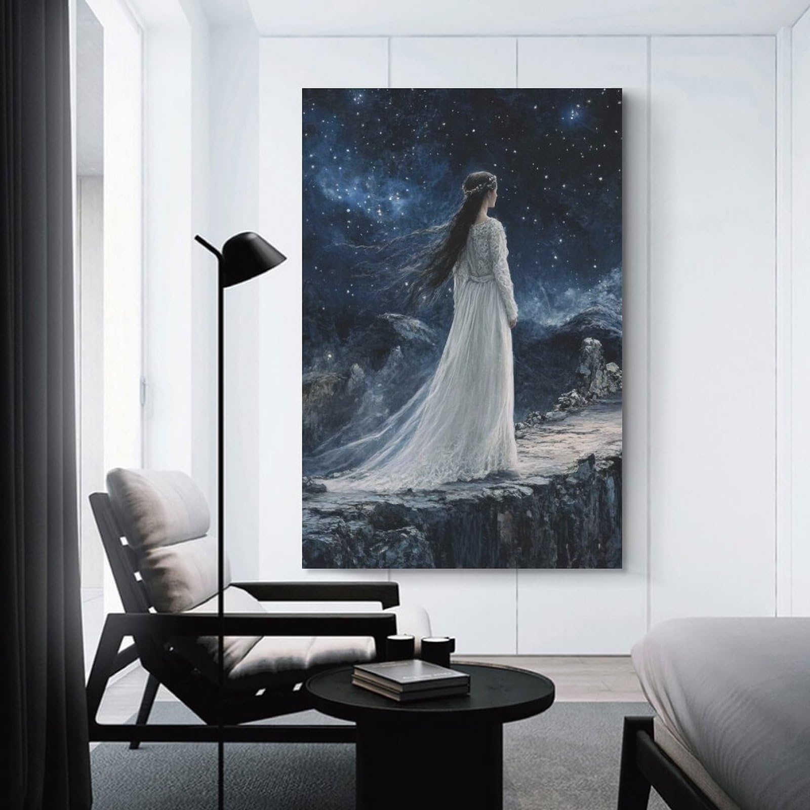 Junmoney Unframe-Style-17 Woman In White Dress Under Starry Sky Hanging Wall Art, 20X30inch(50X75cm), For Bedroom Decor, Cosy Corners Or Studios, An Easy Wall Refresh For Bedrooms