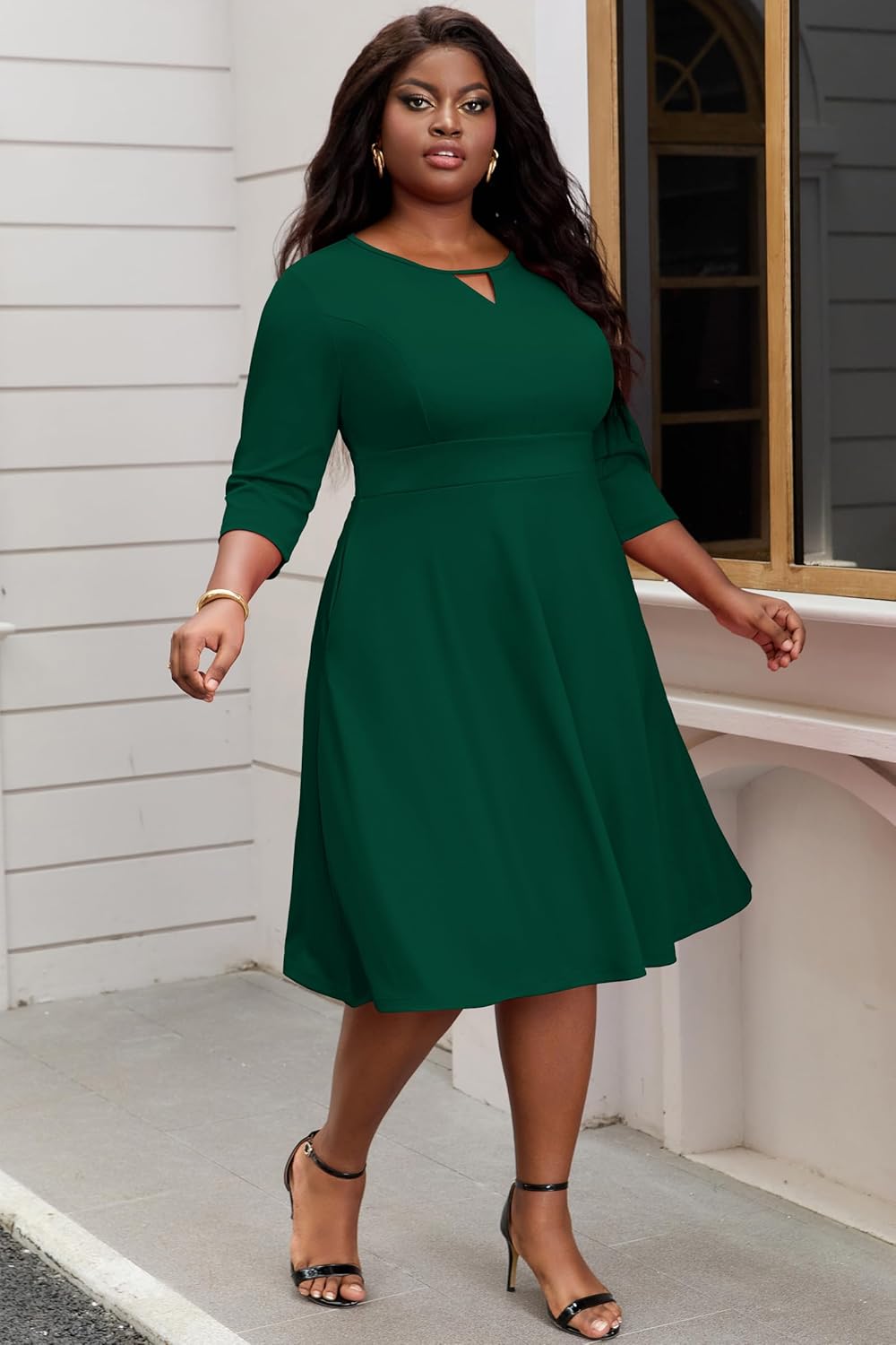 Nmoder Womens Plus Size Cocktail Dress 3/4 Sleeve Church Dresses for Women Midi Work Crewneck Dress with Pockets - Image 5