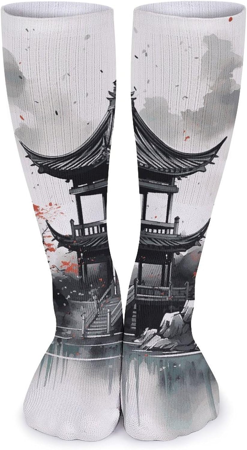 5 Pairs Knee High Socks Chinese Ink Painting Long Tube Boot Seamless Toe