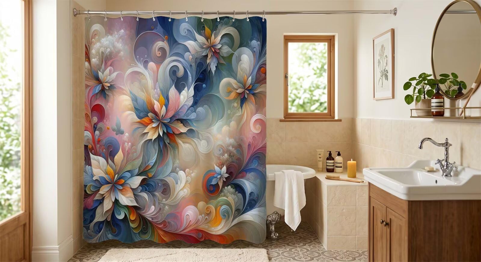 Rideau de douche fleurs abstraites pour salle de bain moderne