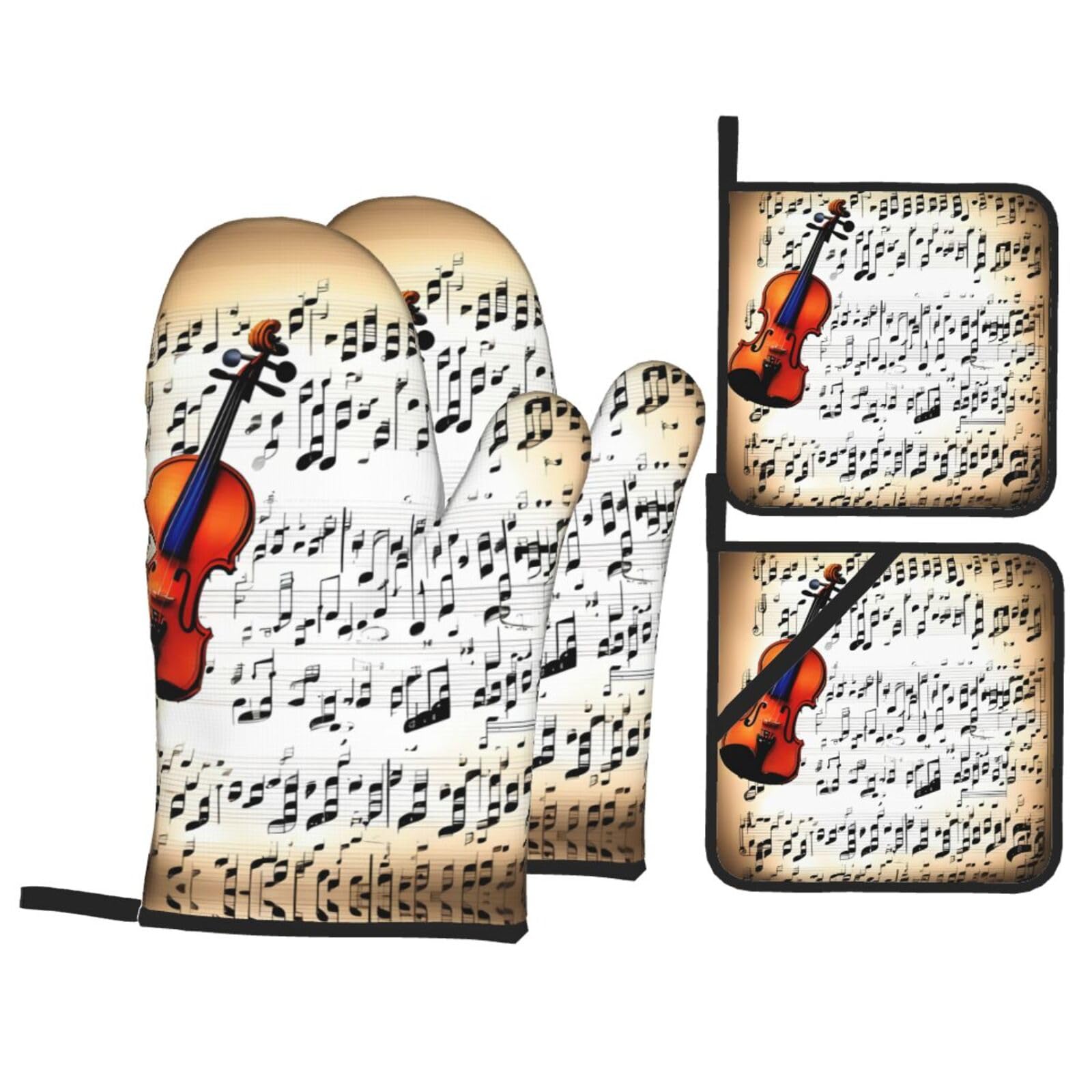 Nimongt Black Violin Sheet Music Print Heat-Resistant 4-Piece Oven Kitchen Gloves For Baking Cooking Microwaving Essentials