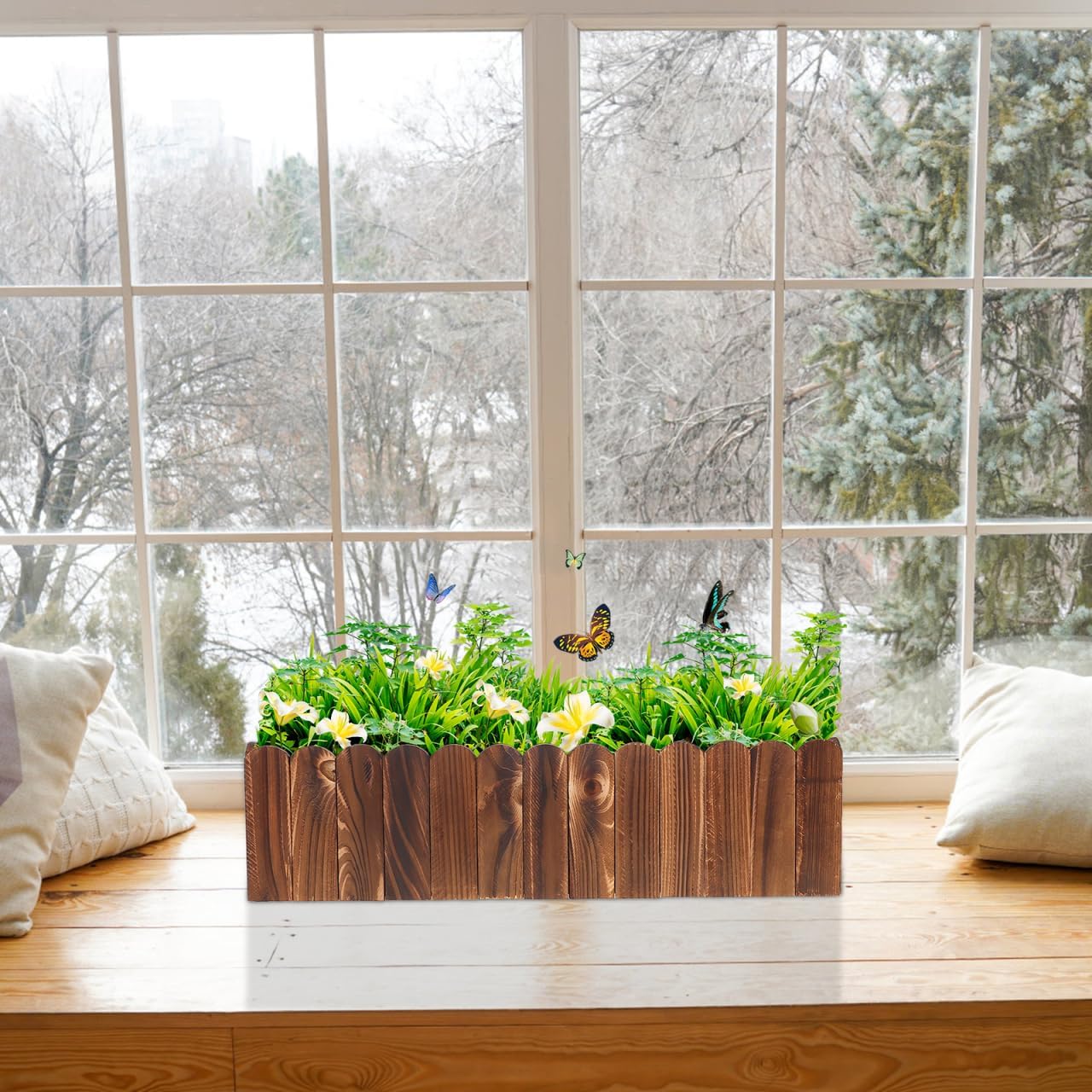 DOITOOL Wooden Picket Fence Planter Box 19.29X5.11X3.54In Window Flower Box for Home Garden Wedding Party Office Decor with Foam Inserts DIY Plant Basket Container