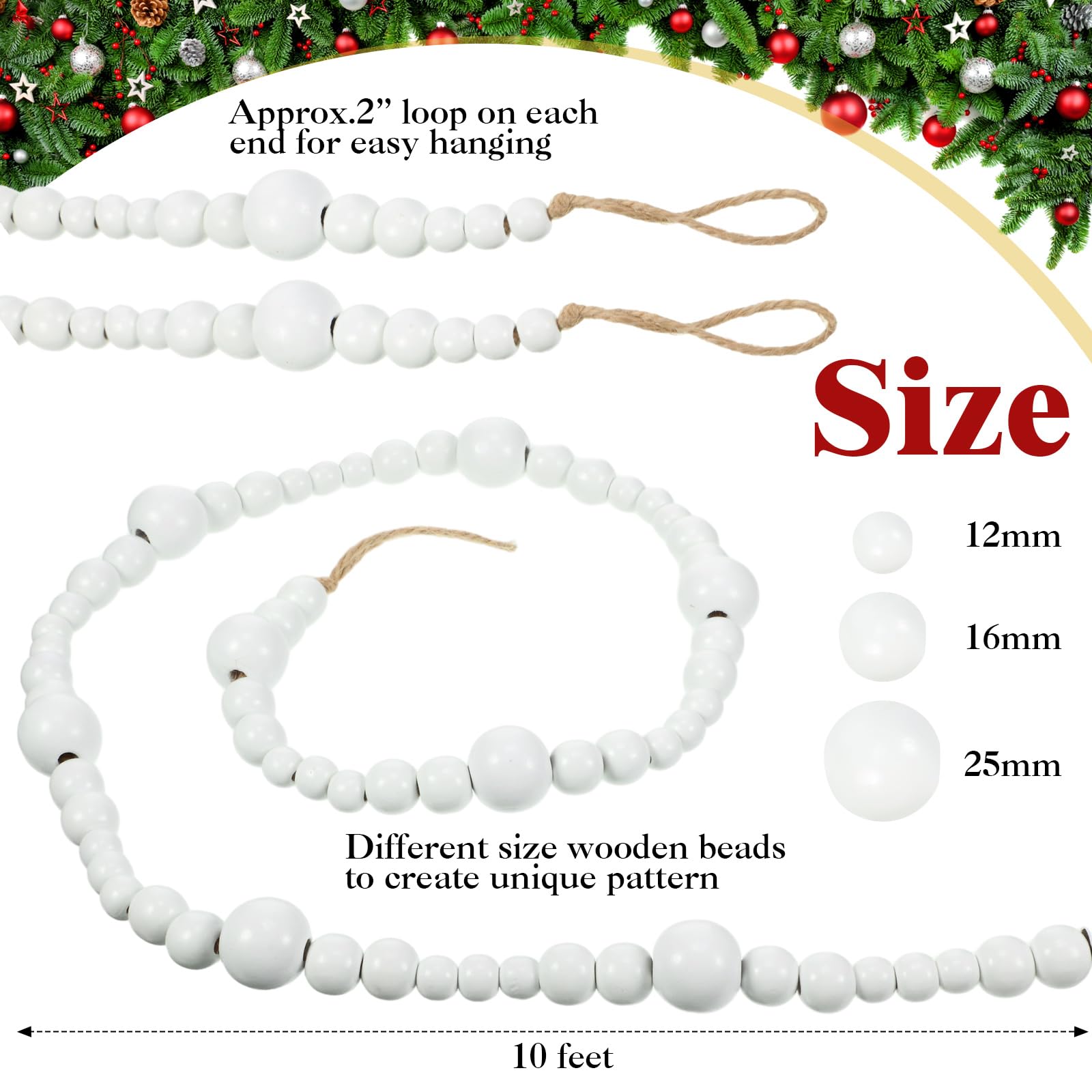 Boao Lot de 4 guirlandes de perles de Noël en bois de 3 m rustiques à suspendre au mur - Guirlande d'arbre naturel à suspendre au mur - Perles de prière pour le jour de Noël (blanc)