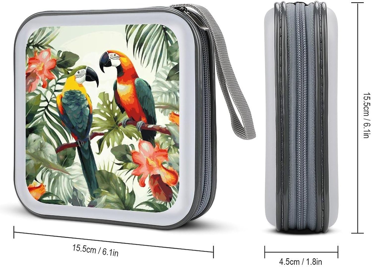 Toucans Parrot Palm Tree Leaves CD Case 40 Capacity CD/DVD Case Holder Disc Storage Organizer Wallet Bag Portable Zipper CD Case Holder for Car Home Office Travel