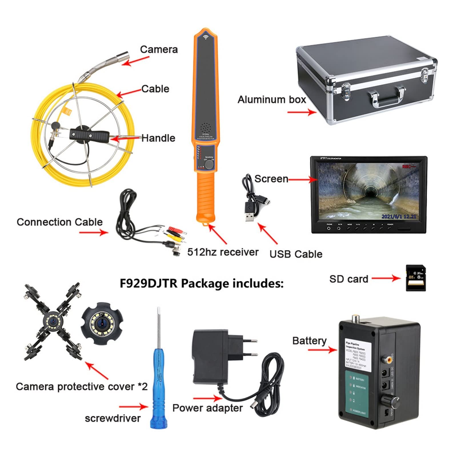 Cámara de Alcantarillado, Cámara de alcantarillado con localizador, endoscopio industrial de alcantarillado de drenaje Monitor de 9 pulgadas DVR 22 mm IP68 HD 1000TVL Cámara de video de inspección de