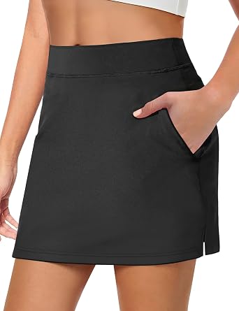Womens Tennis Skirt, High-Waisted Golf Skort with Pockets and Built-in Shorts, Mini Skirt for Activewear Black