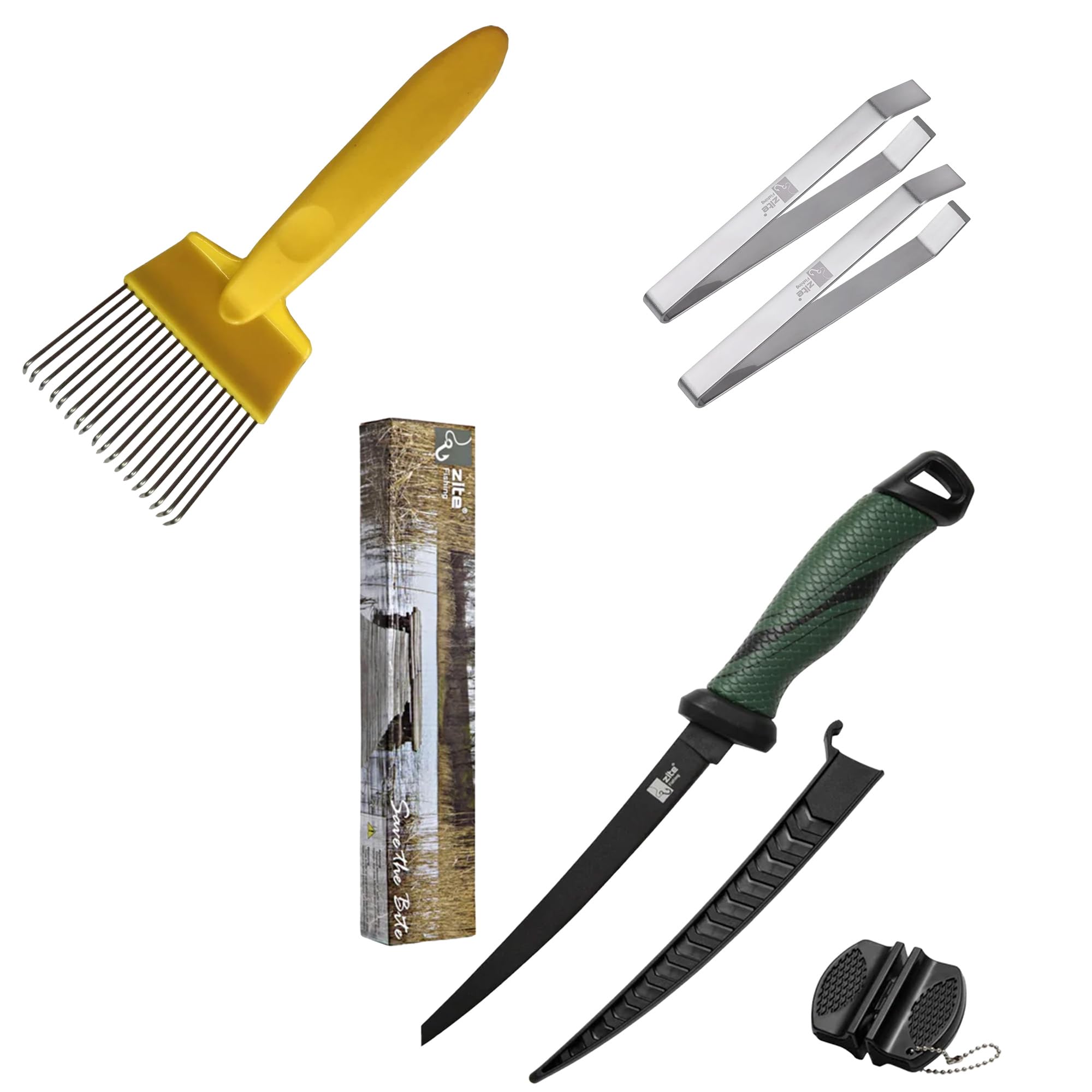 Zite Fishing All-in-One Filetierset | Filetiermesser 20 cm | Flexible Edelstahl-Klinge & Rutschfester Griff | Inkl. Filetierkamm & 2 Grätenzangen | Fischmesser Filetiergabel Forelle Hecht Zander