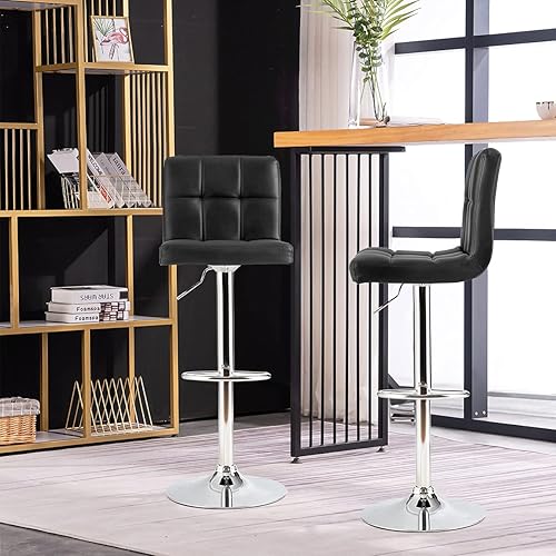 Miniatura 9 de WATERJOY Taburetes de bar giratorios, moderno cuadrado de piel sintética ajustable altura giratoria silla de bar con respaldo Blanco,Negro