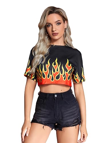 Floerns Women's Casual Y2K Graphic Concert Crop Top Short Sleeve T Shirts Loose Tees - Small - A Black Fire