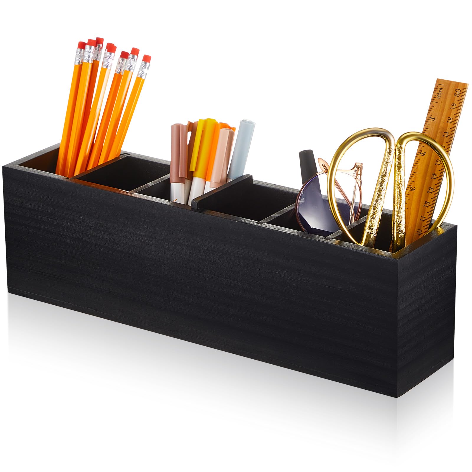 Jetec Wooden Pencil Pen Holder for Desk 6 Compartments Wood Office Desk Organizers for Countertop Adjustable Makeup Brush Organizer Silverware Caddy