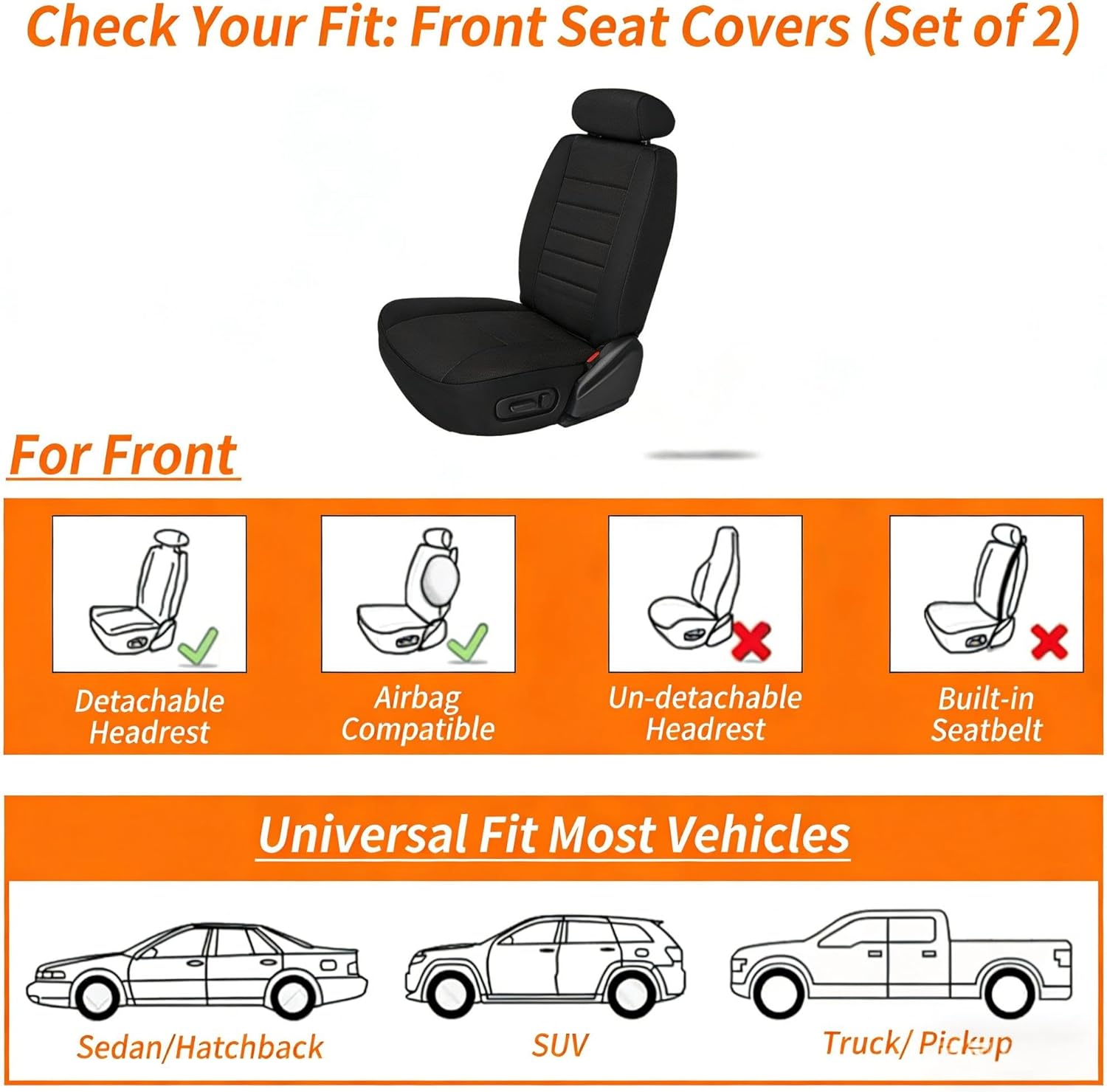 Front Automotive Seat Covers 2PCS,3D Design with Lumbar Support Waterproof Nappa Leather Automotive Seat Covers & Accessories for SUV Truck Sedan,Universal Anti-Slip Car Seat Covers,Style2 Black