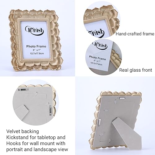 Miniatura 2 de Marco de fotos antiguo festoneado de 5 x 7 pulgadas, hoja de loto dorada de 5 x 7 pulgadas, marcos de fotos vintage con frente de vidrio para mesa y