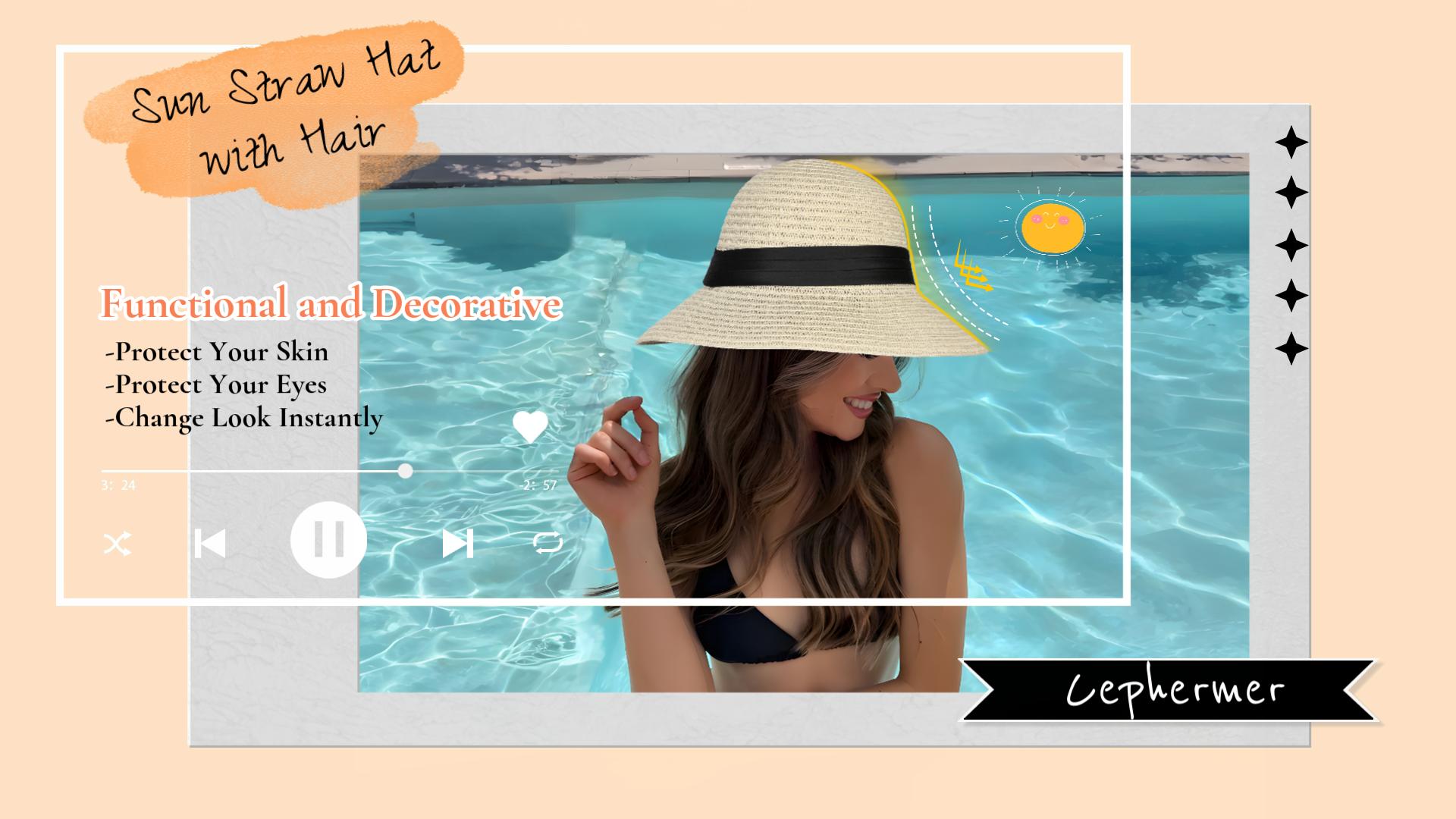 Straw Sun Hat with Detachable 12 Inch Wavy Hair Extensions Foldable Beach Hat TOOYOU Women Sun Hat Bowknot Straw Hat Large Floppy Foldable  main image 4