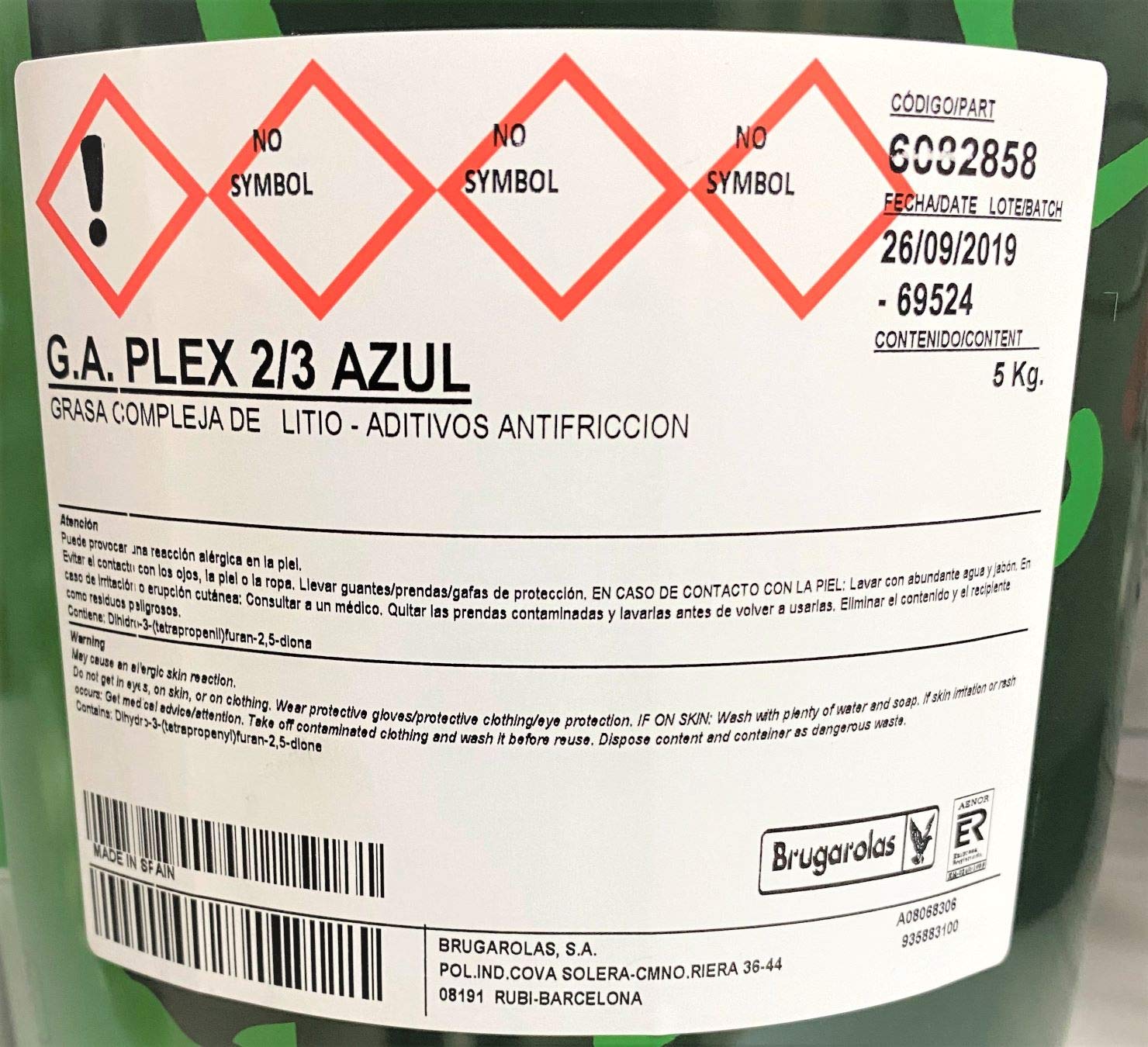 Grasa BRUGAROLAS PLEX 2-3 azul. Envase de 5 Kg. Grasa de litio consistente con aditivos antifricción.