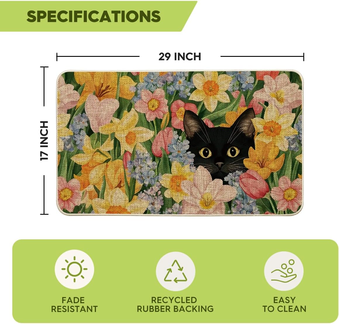 Artoid Mode Black Cat Floral Flowers Spring Doormat,Home Decor Door Mat Low-Profile Switch Rug Floor Mat for Indoor Outdoor 17x29 Inch