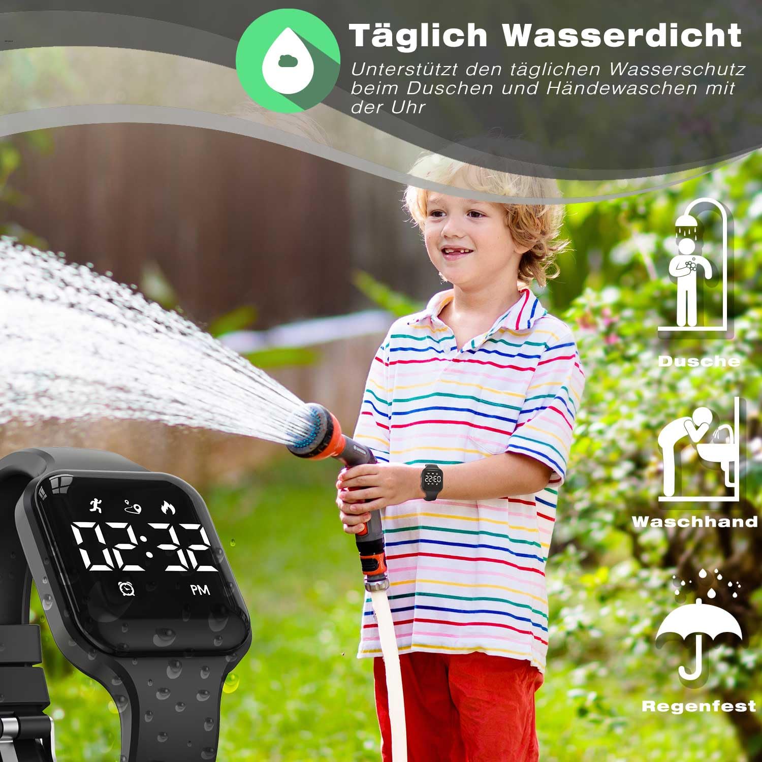 Montre numérique pour enfants, podomètre, étanche, tracker de fitness, montre avec podomètre, affichage LED, chronomètre pour enfants, garçons, filles, adolescents (noir)