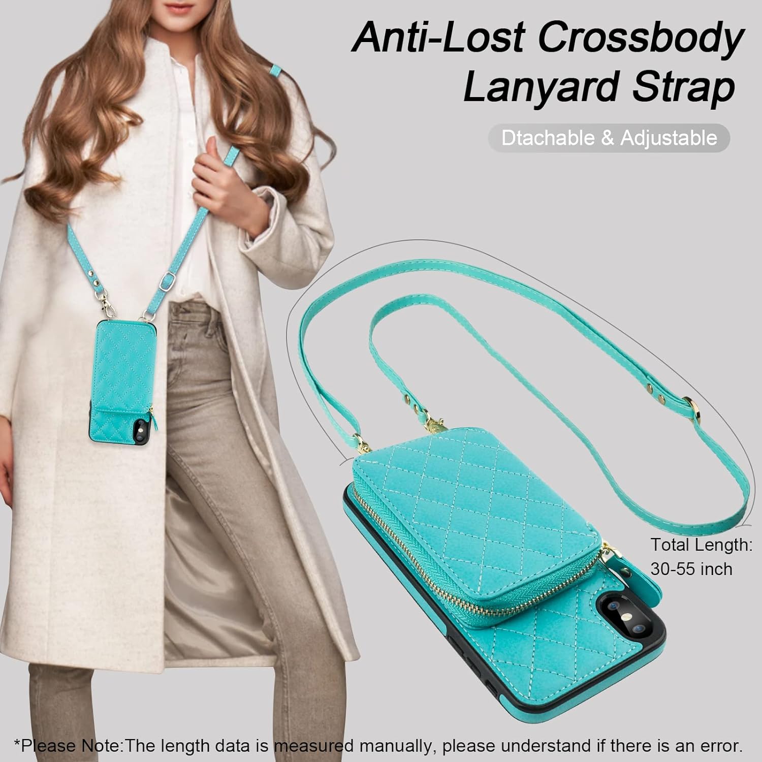 Bocasal Crossbody Wallet Case for iPhone Xs Max, RFID Blocking PU Leather Zipper Handbag Purse Flip Cover, Kickstand Folio Case with Card Slots Holder Wrist Strap Lanyard 6.5 Inch (Mint Green)