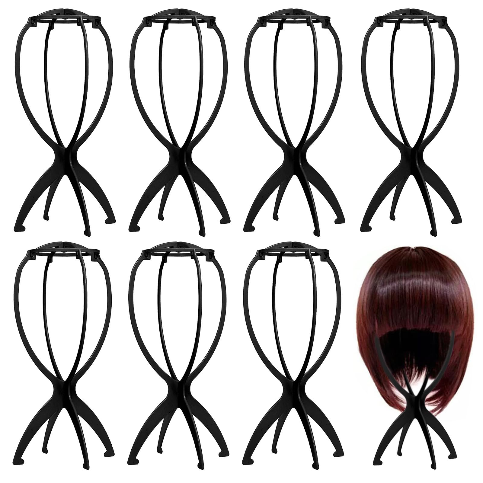 Fizleca Black 8 Pcs Wig Stand & Hat Stand - Portable Folding Wig Head, Collapsible Holder For Drying Wigs, Travel-Friendly Storage,