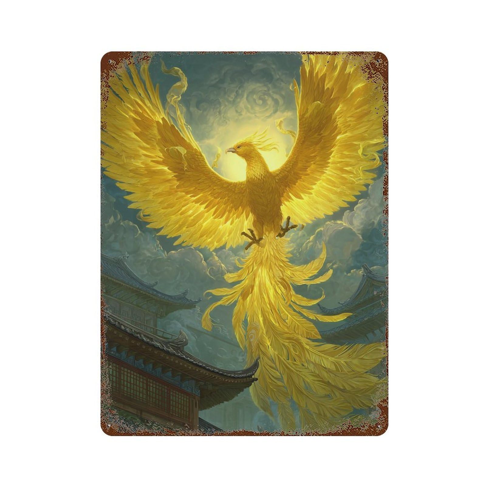 Garage Style Golden Phoenix Rising-2 Aged Metal Wall Plaque 15.7"x11.8", Farmhouse Wall Decor for Bar And Workshop