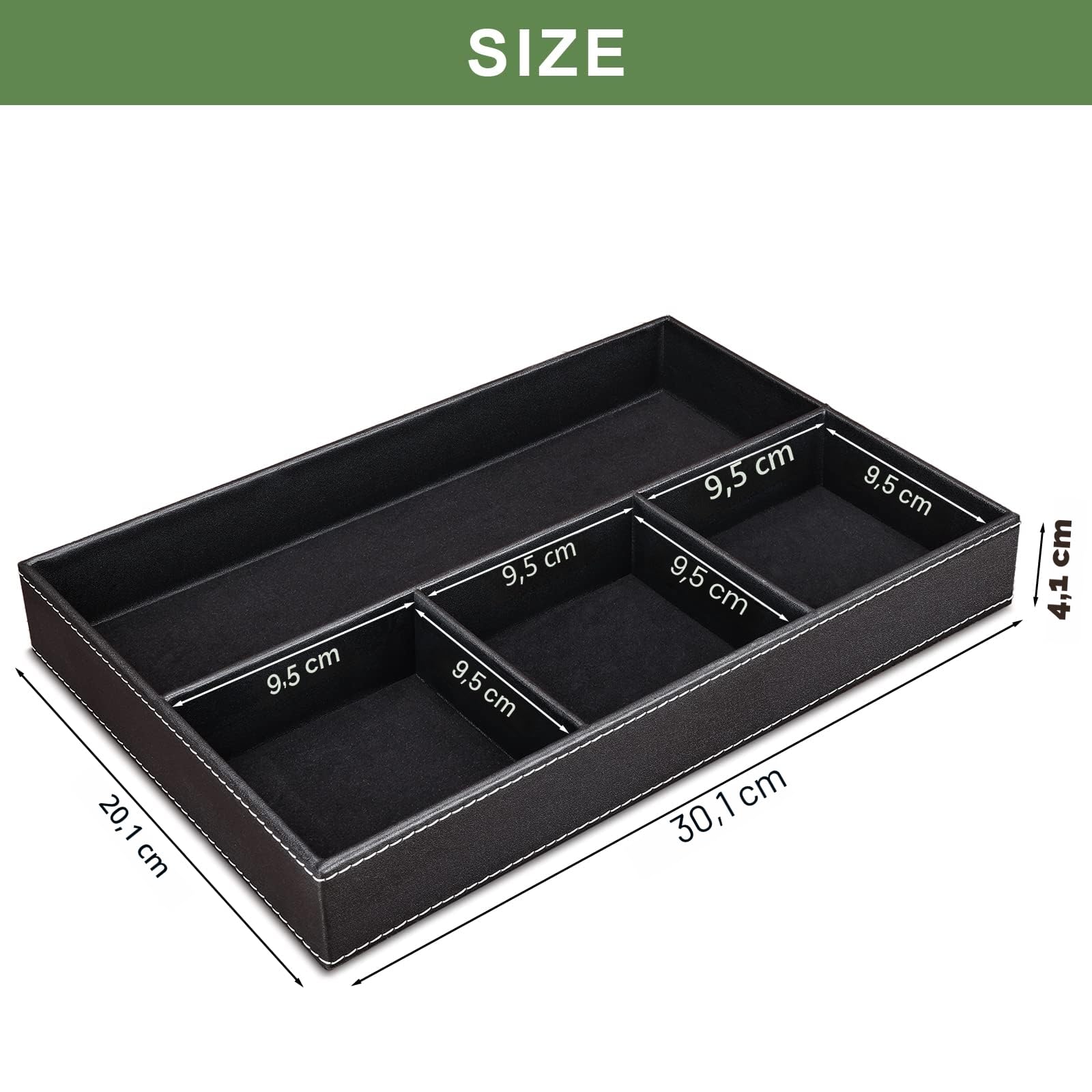 GORESE Svuotatasche in Pelle, Organizer per Cassetti Scrivania da Ufficio Vassoio Portaoggetti PU Tray con 4 Scomparti, Vassoio Organizer per Chiavi, Occhiali, Portafoglio, Monete, Gioielli (Nero)