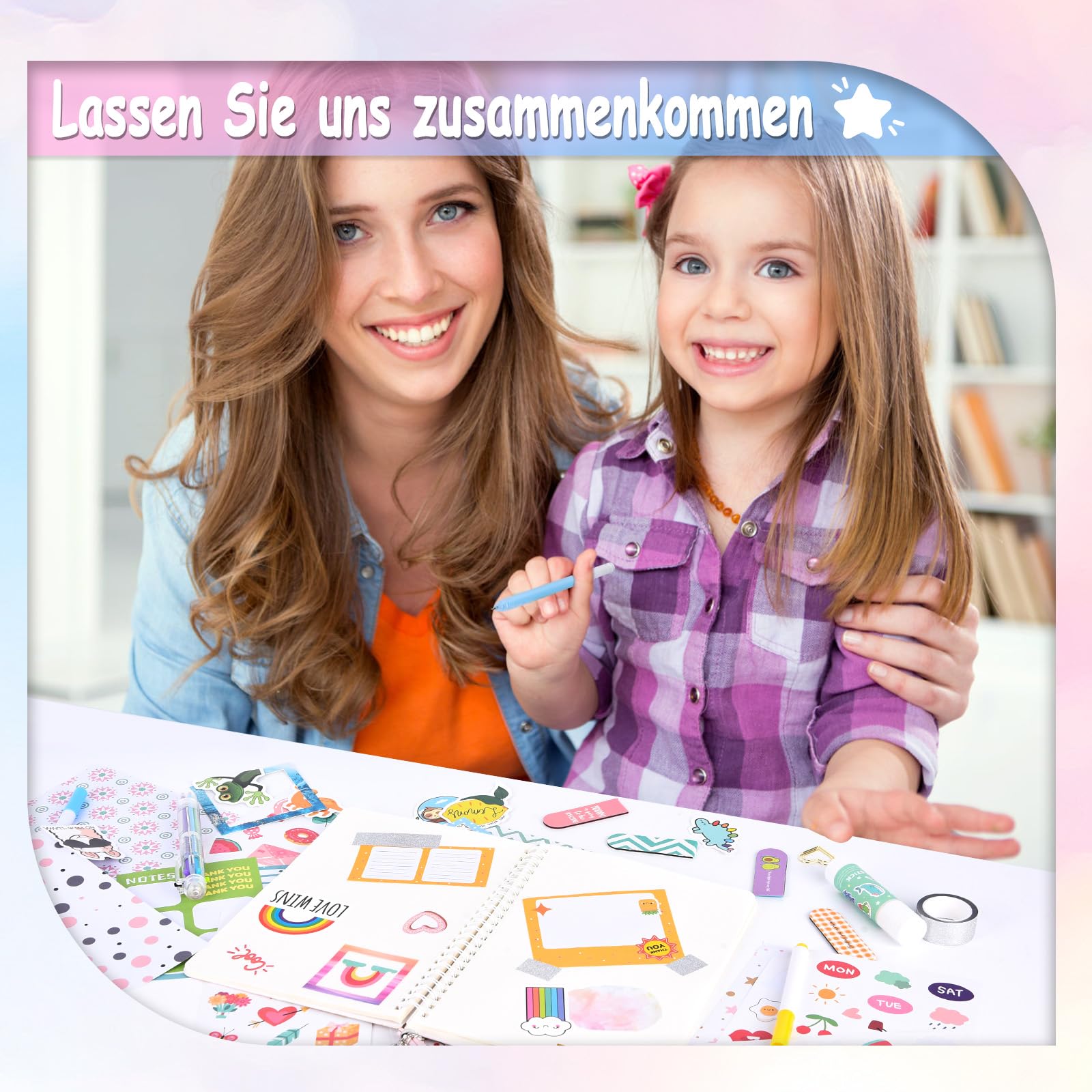Herenear Scrapbook Mädchen, 92 Stück Scrapbook Zubehör Set mit A5 Notizbuch und Stickerbögen, DIY Tagebuch Set für Mädchen, Kreativset Bastelset Weihnachten Geschenk für Tween Kinder und Kinder