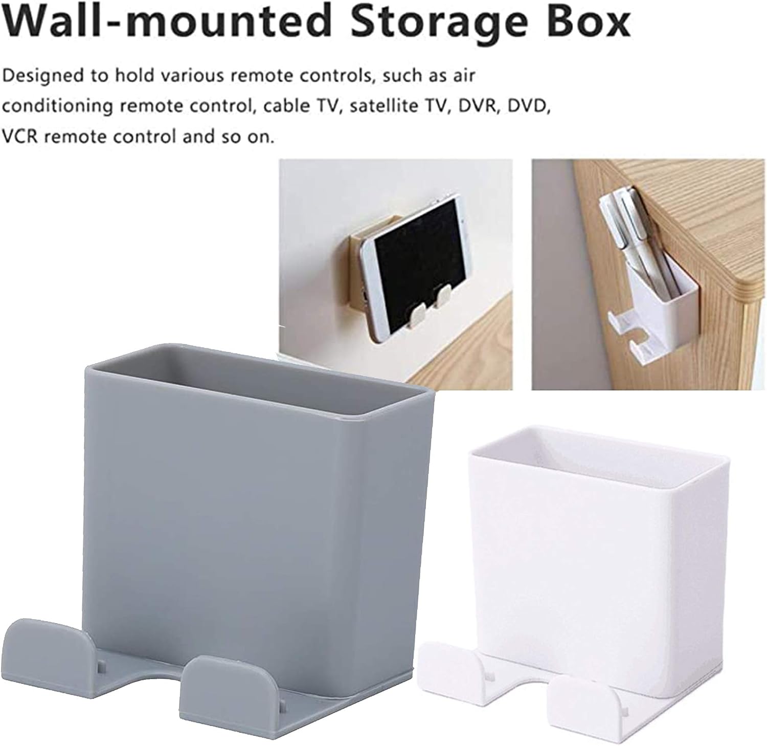 2 Pack Wall Mount Phone Holders, Phone Holder for Wall Adhesive Cell Phone Smartphone Charging Brackets Holders Shelf Remote Control Stand Organizer Storage Box for Bedroom Bathroom Office