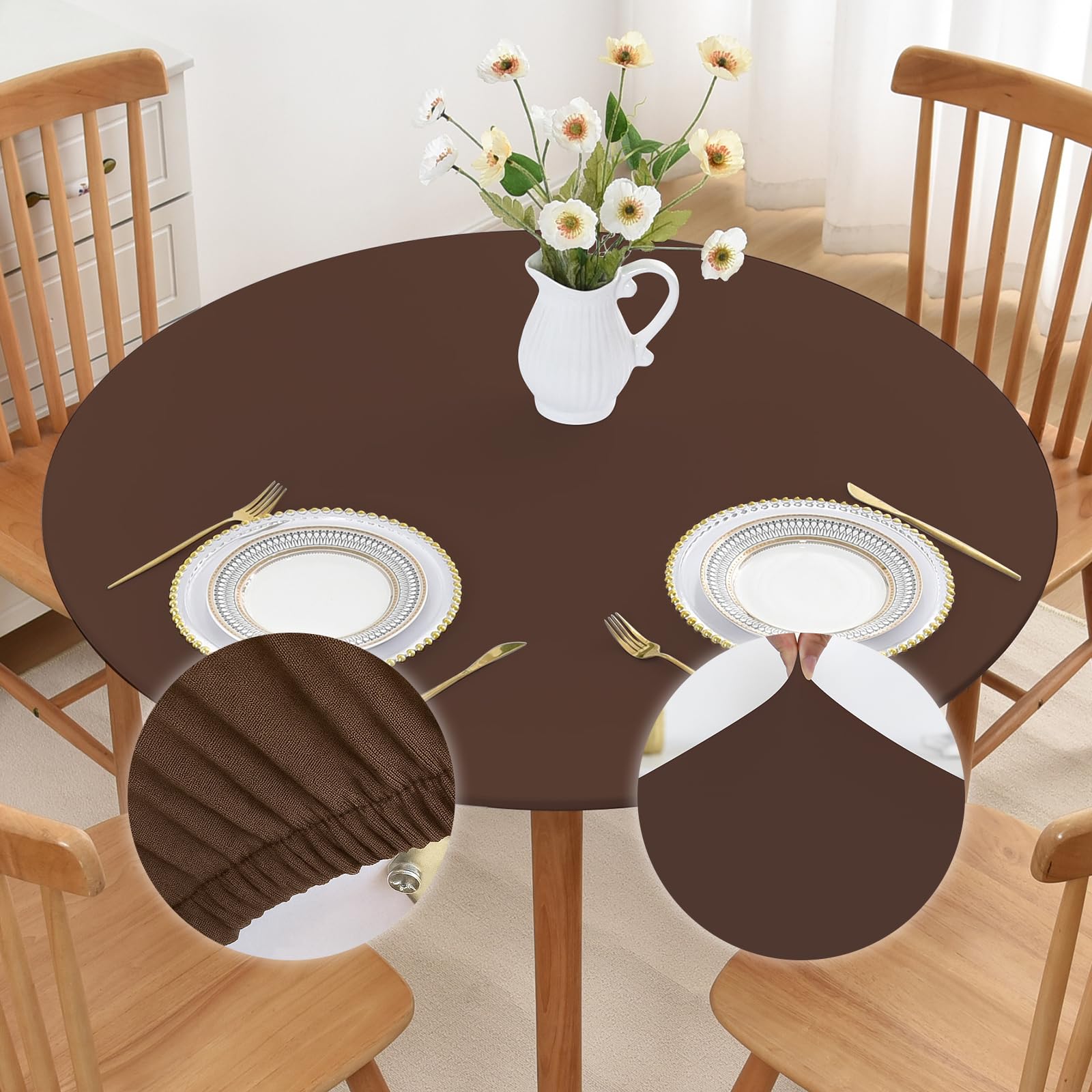 Mulilai Elastic Brown Round Outdoor Tablecloth 60 Inch Non Slip Fitted Stretch Table Cover with Spandex Fabric Washable Wrinkle Free Table Cloth for Kitchen Dining Patio Decor