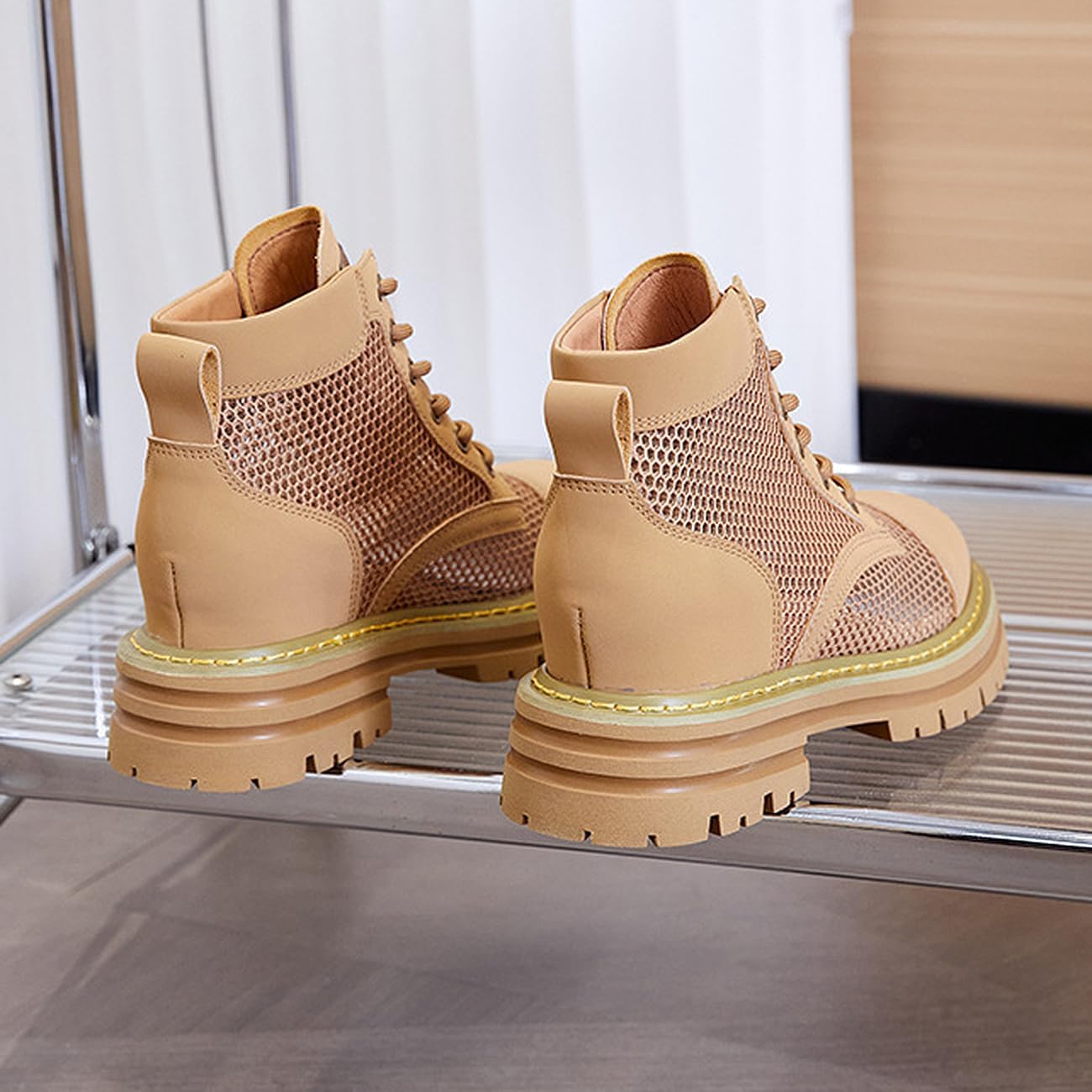 Women's Platform Ankle Boots Hollow Leather Booties with Side Zipper Ladies Lace Up Combat Boots