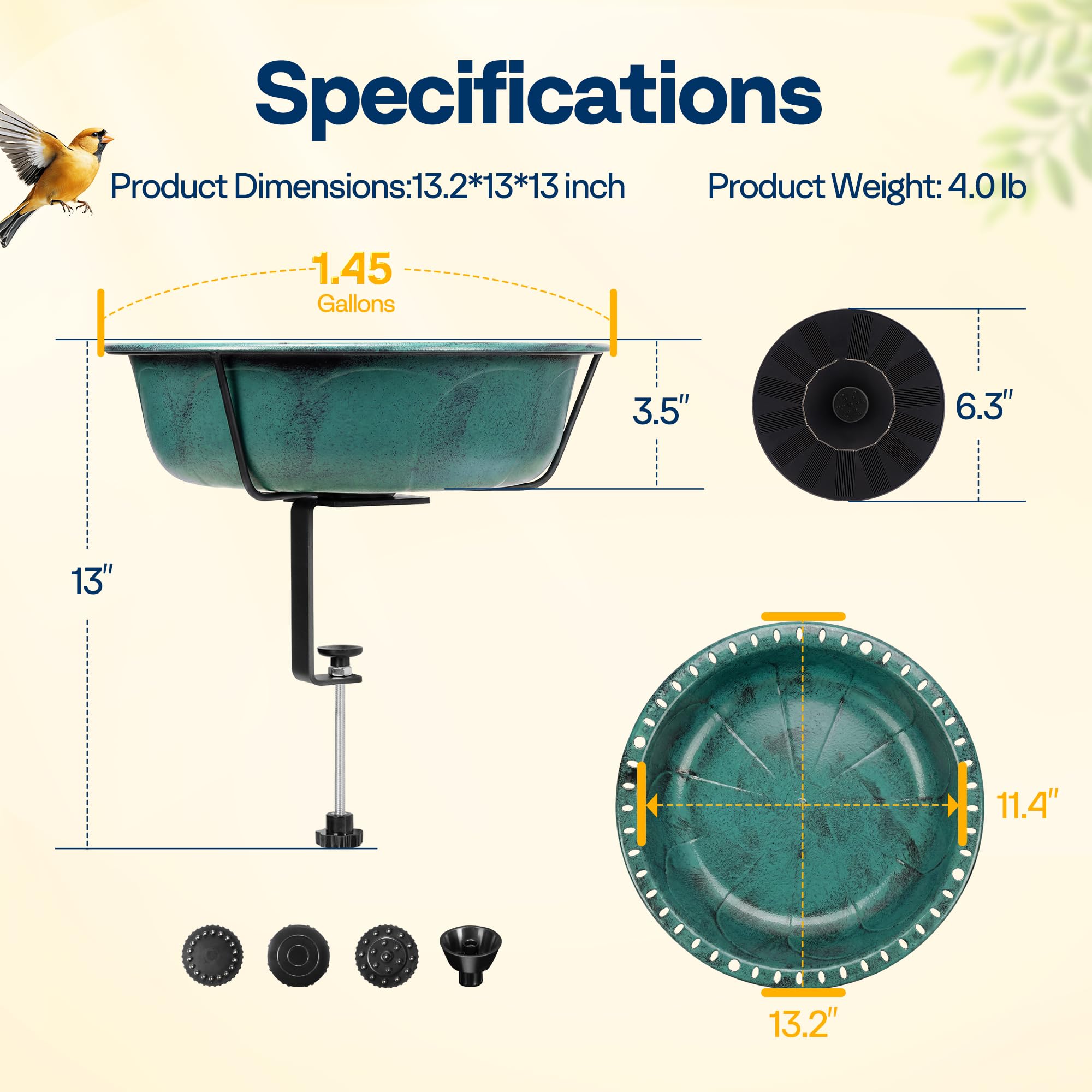 VIVOHOME Deck Mounted Bird Bath with Solar Fountain, Outdoor ABS Birdbath Bowl with Adjustable Metal Clamp, Solar Powered Pump for Railing, Fence, Balcony, 1.45 Gallons, Green - image 7