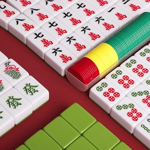Miniatura 7 de Juego de mahjong chino, juego de azulejos grandes de Mahjong con 144 azulejos de color verde en la parte posterior, estuche rojo, juego de mahjong