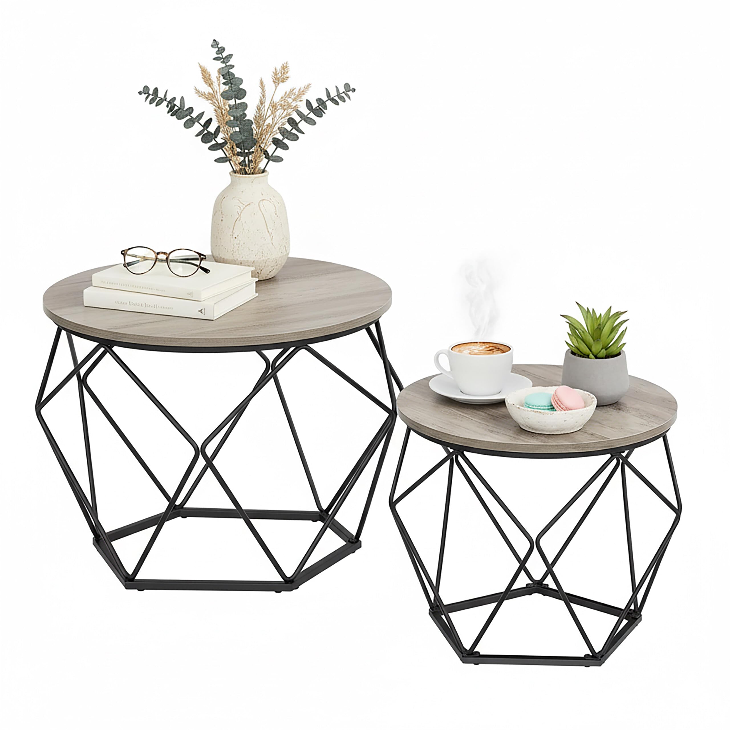 Relaxdays Set 2 Tavolini Rotondi Effetto Legno e Metallo Design Vintage Marrone/Nero 50x40x40 cm
