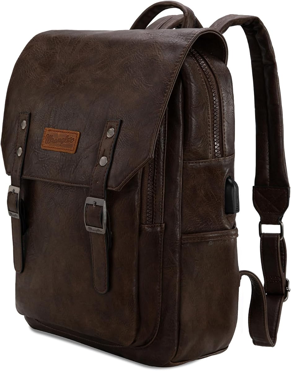Wrangler Laptop Backpack with USB Charging Port, Vintage Travel Work College Bookbag for Women Men