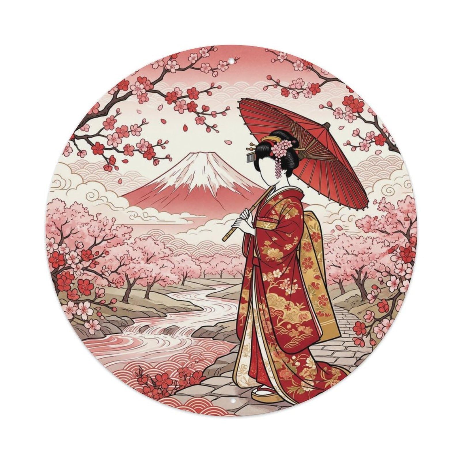 Yrnq 8X8inch Vintage Style Japanese Kimono Lady Side Umbrella Heritage Landscape Metal Tin Sign