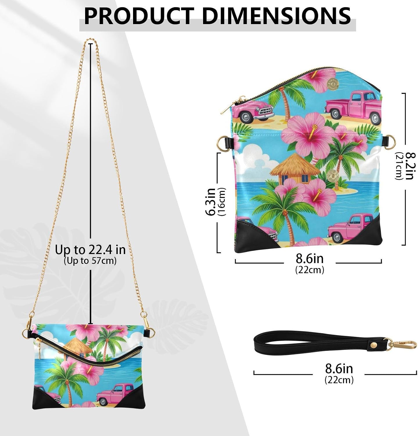 Women's PU Leather Handbag Clutch Minimalist Style Envelope Clutch Bag for Lady Tropical Island Hibiscus Flower Blue Pattern