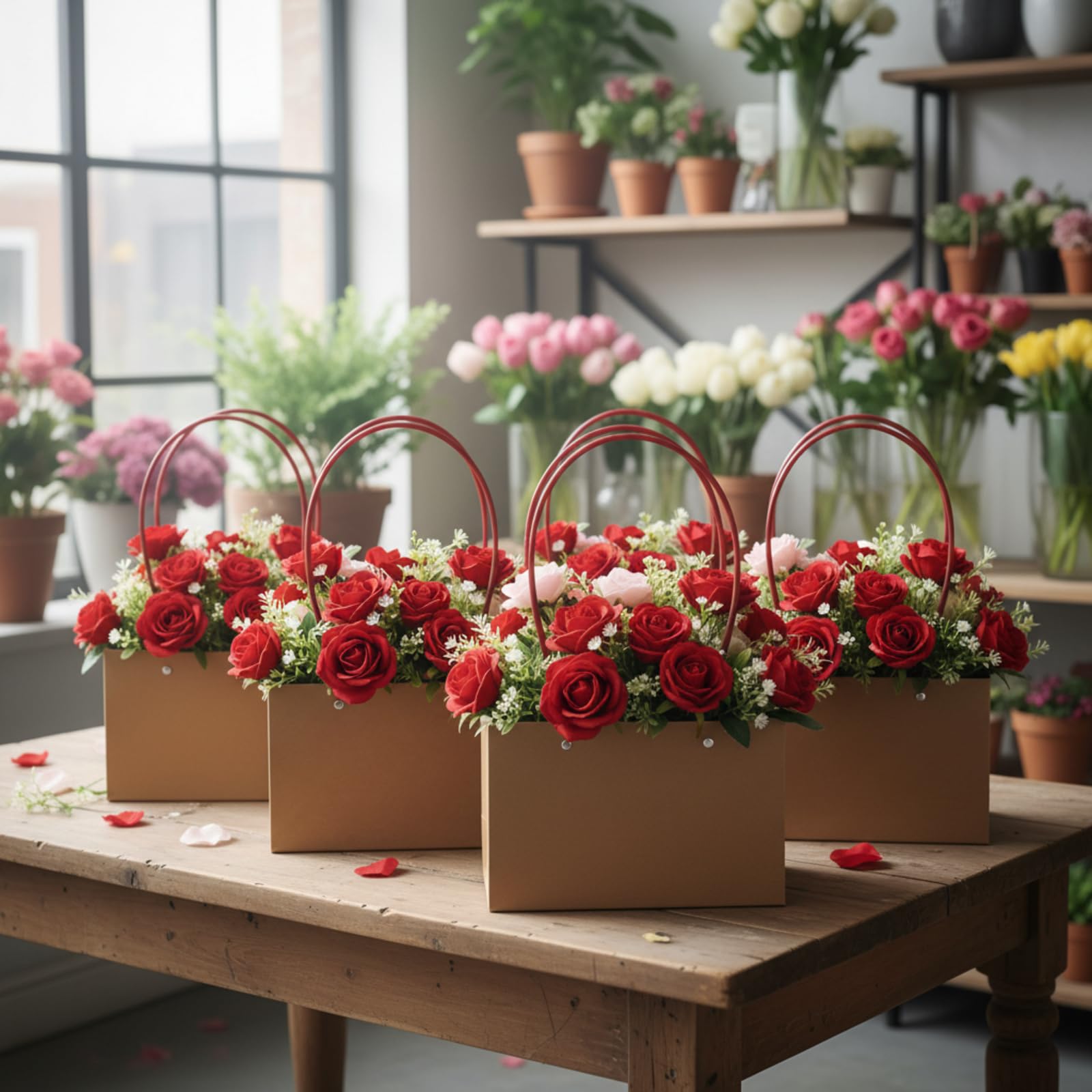 Gilprop Paquete de 30 bolsas de papel kraft para regalo de flores con asa con forro impermeable para regalos de cumpleaños, bodas y fiestas (13.8 x 8.7 x 5.1 x 4.3 pulgadas, marrón)