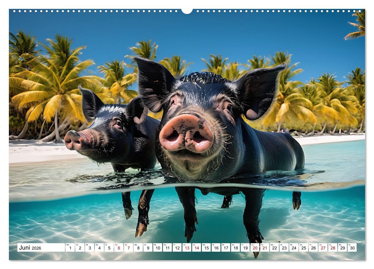 Schwimmende Schweine im Paradies (hochwertiger Premium Wandkalender 2026 DIN A2 quer), Kunstdruck in Hochglanz: Niedliche Schweinchen tummeln sich an ... in kristallklaren Gewässern (CALVENDO Tiere)