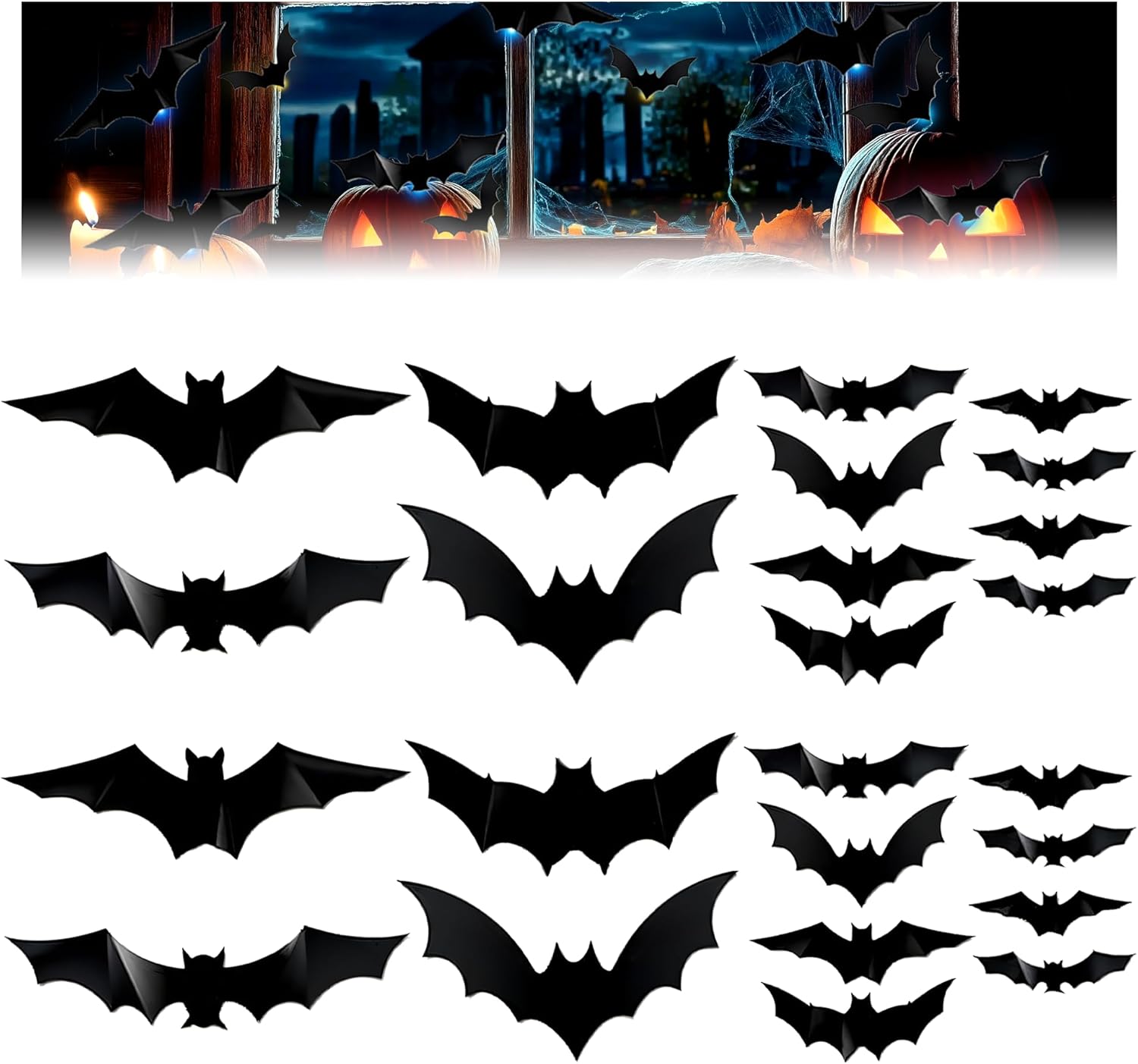 Halloween 3D Lighted Bats, 2025 New 3D Bat Design LED Decoration, LED Glowing Bat Wall Stickers Decor Light, Hanging Bat Decorations for Indoor Outdoor Windows Bedrooms (24 PCS)