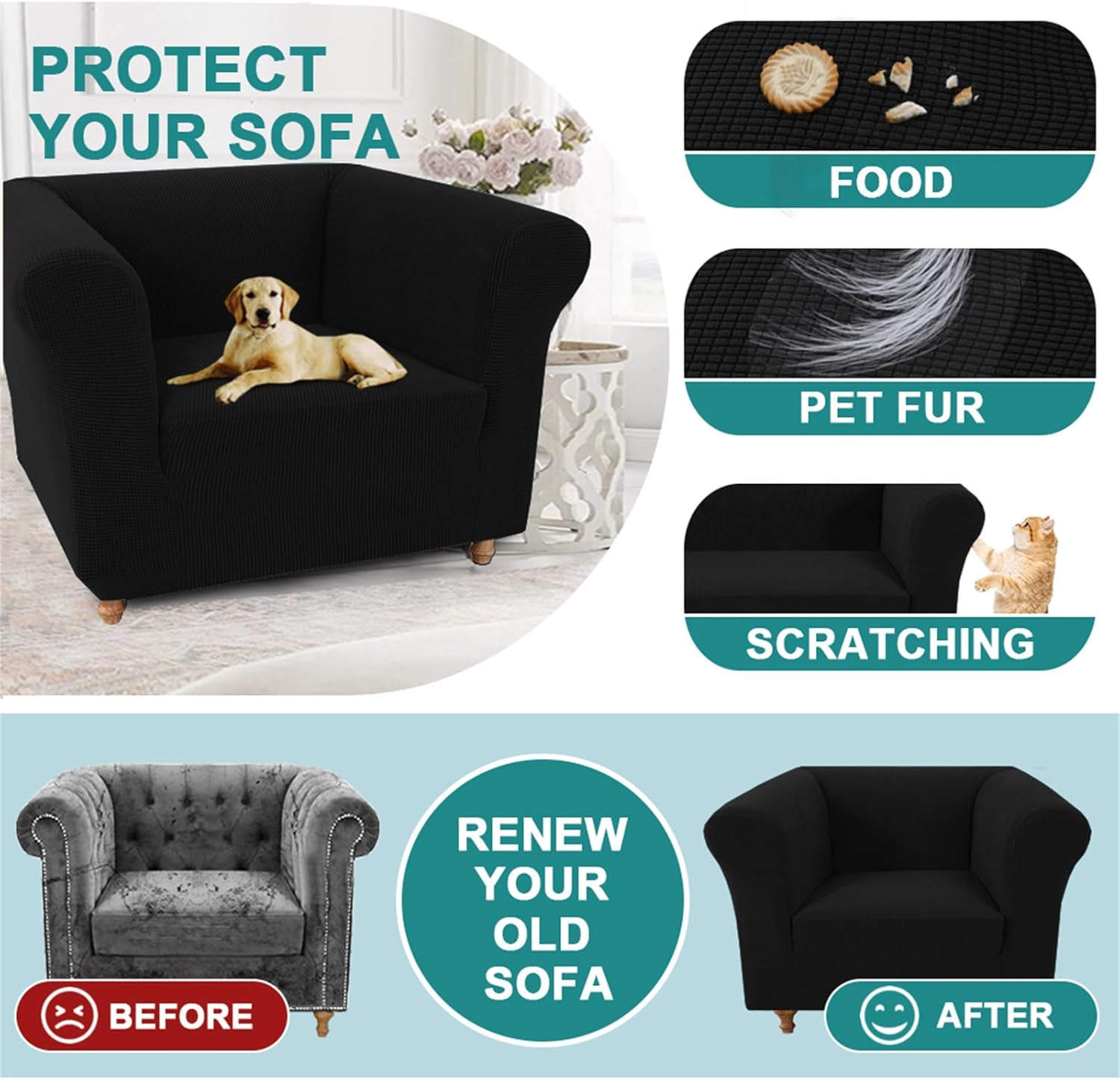 Stretch Sofa Cover for Chesterfield Sofa Covers, 1/2/3 Seater Couch, Universal Sofa Covers Jacquard Spandex Pet Dog Furniture Protector (Black,Chair)
