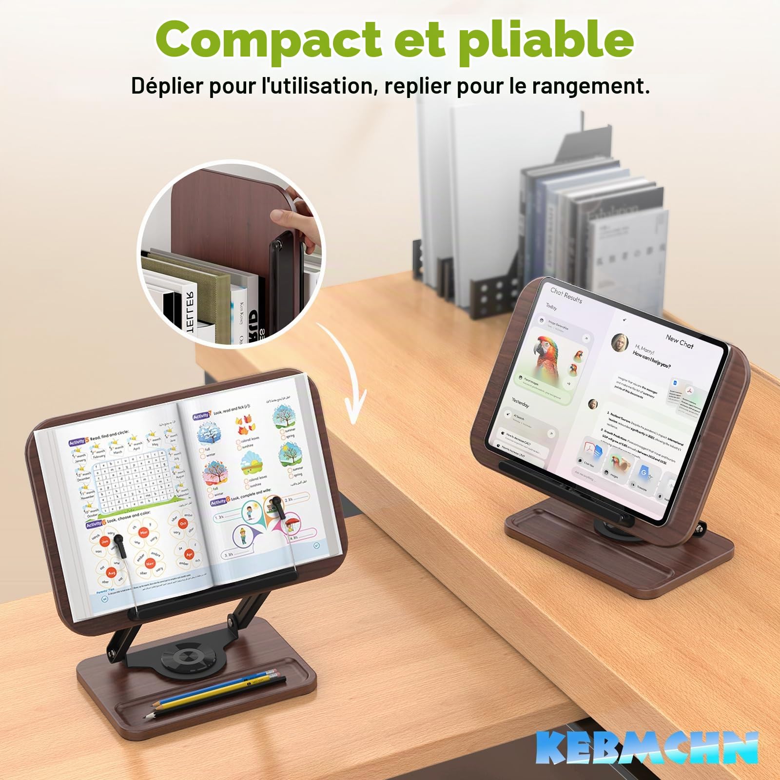 Support de Lecture en Bois, Base Pivotante 360°, Hauteur Réglable | Porte-Livre pour Livres de Cuisine, Manuels Scolaires, Ordinateur Portable, Partitions Musicales
