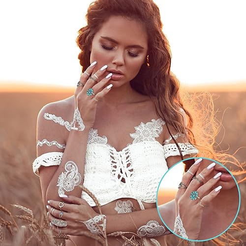 Miniatura 2 de Juego de 84 anillos de turquesa vintage para mujer, diseño ovalado de plata bohemia, con piedras preciosas ovaladas, estilo occidental, apilables,