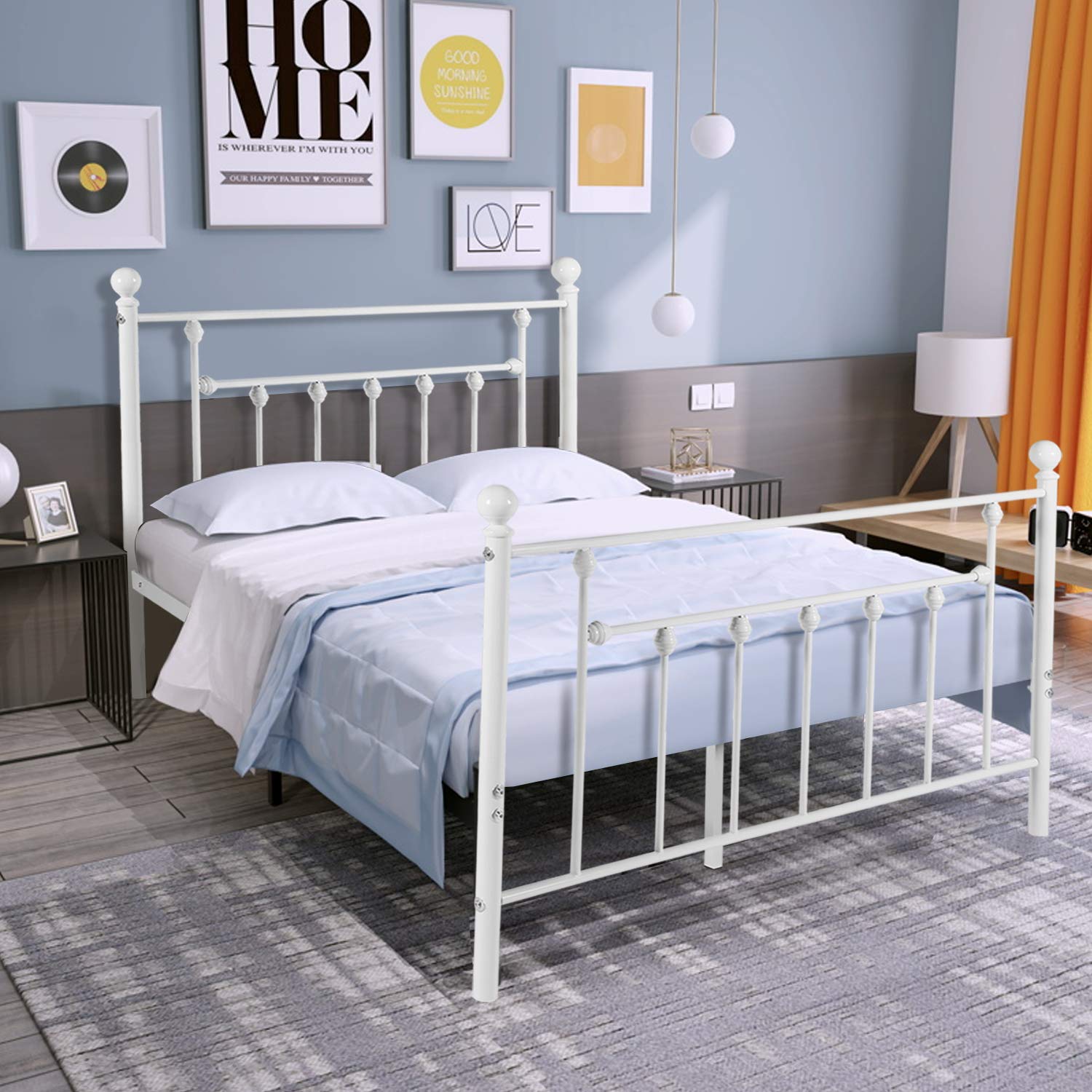 Photo 1 of VECELO Bed Frame Metal Platform Mattress Foundation/Box Spring Replacement with Steel Headboard & Footboard,Full Size White Full