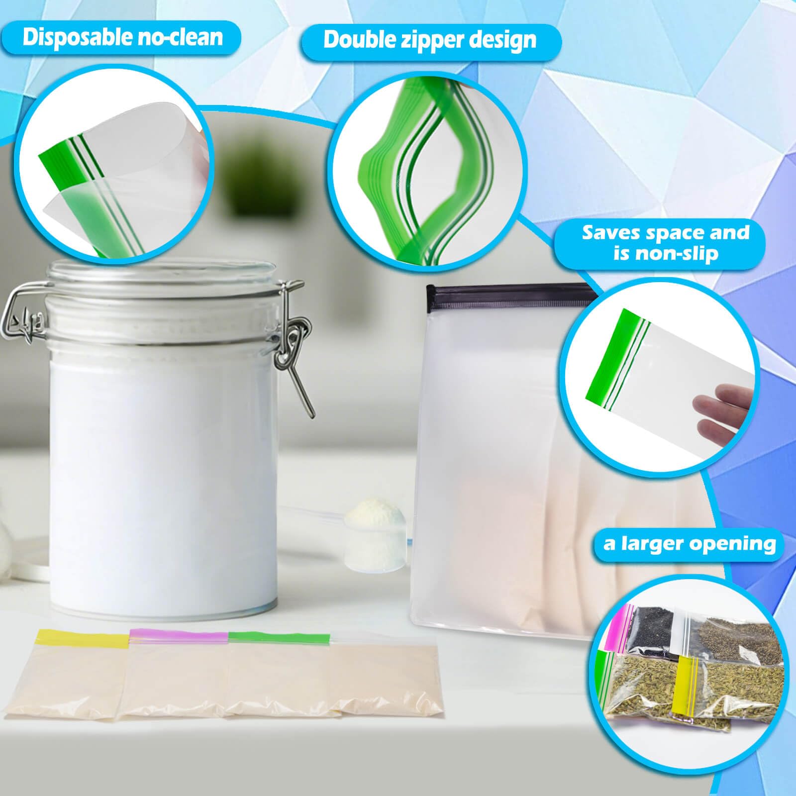 Protein Powder Travel Container With Funnels, Reusable Powder Dispenser Supplement Portable Protein Container To Go, 21pc Single Dose Bags And 3pc Large Standable Zip Bags For Workout, Fitness, Travel