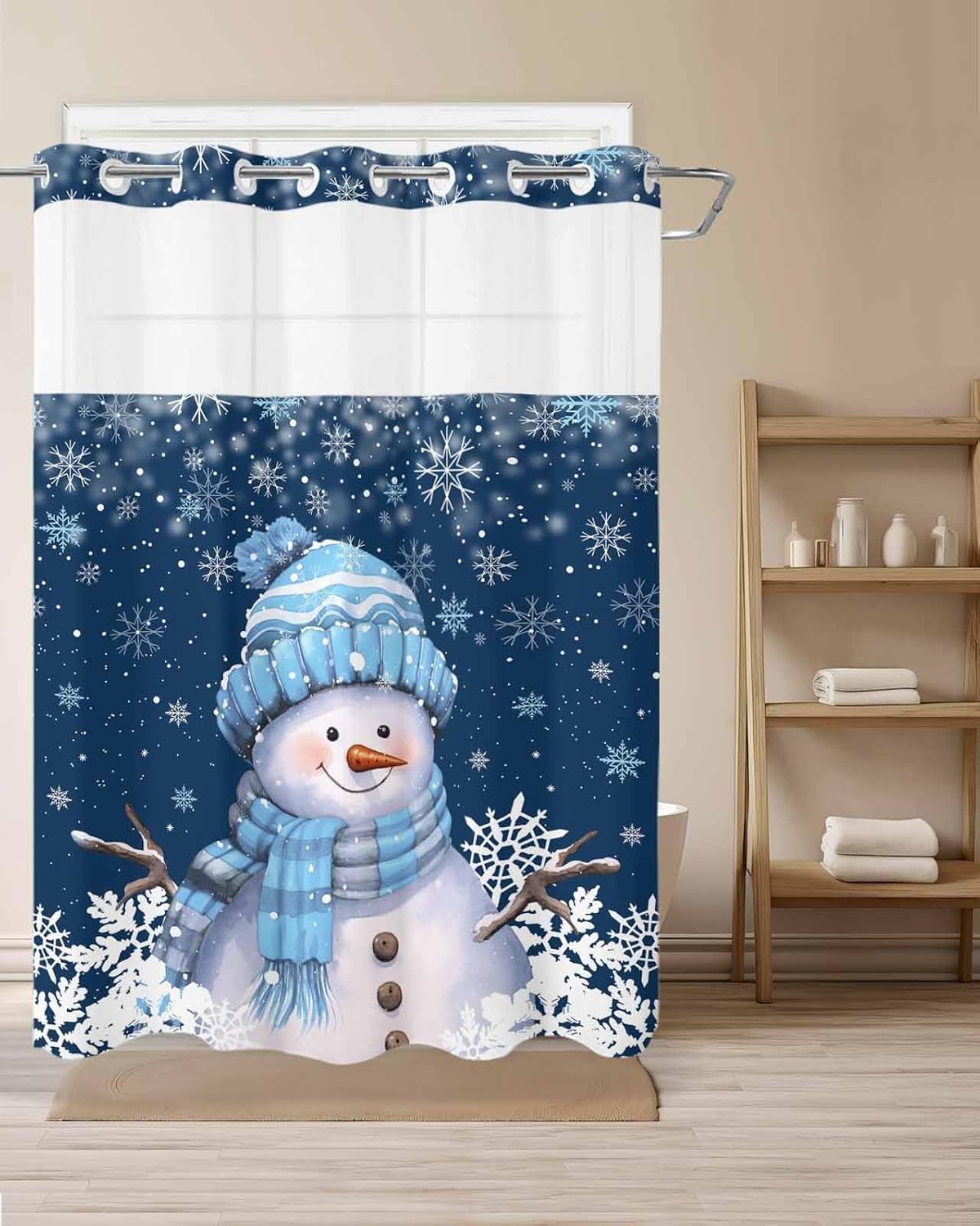 Blue Christmas No Hook Shower Curtain with Snap in Liner for Bathroom, Xmas Snowman with Cap Shower Curtains, Waterproof Fabric Winter White Snowflake Shower Curtain with See Through Top Window,60x72