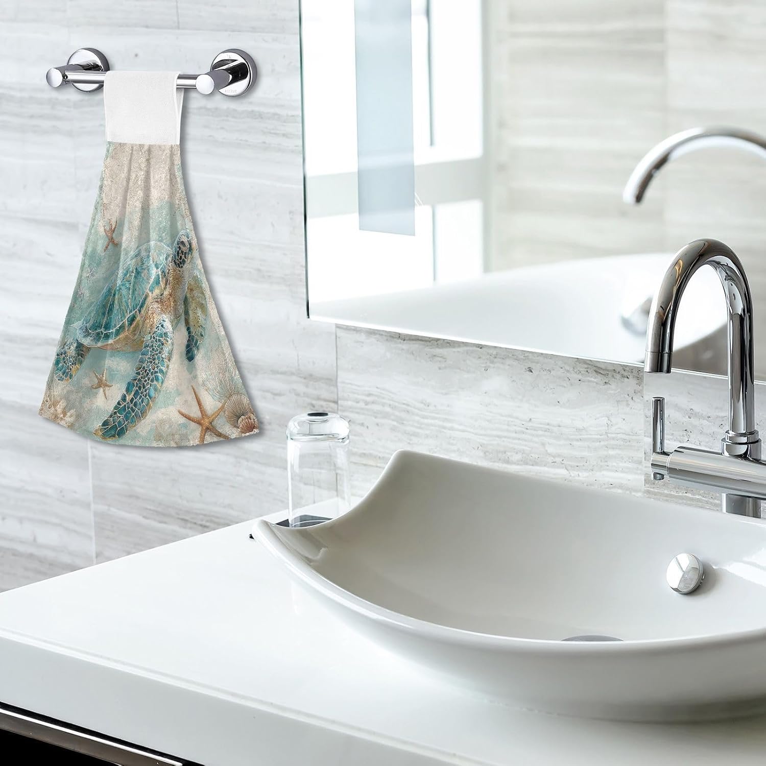 Boccsty Sea Turtle Starfish Fingertip Bath Towels 2 Pcs Tortoise Map Ocean Animal Hanging Hand Bath Towel Tea Bar Towels for Bathroom Farmhouse Tabletop Home Decor - Image 7