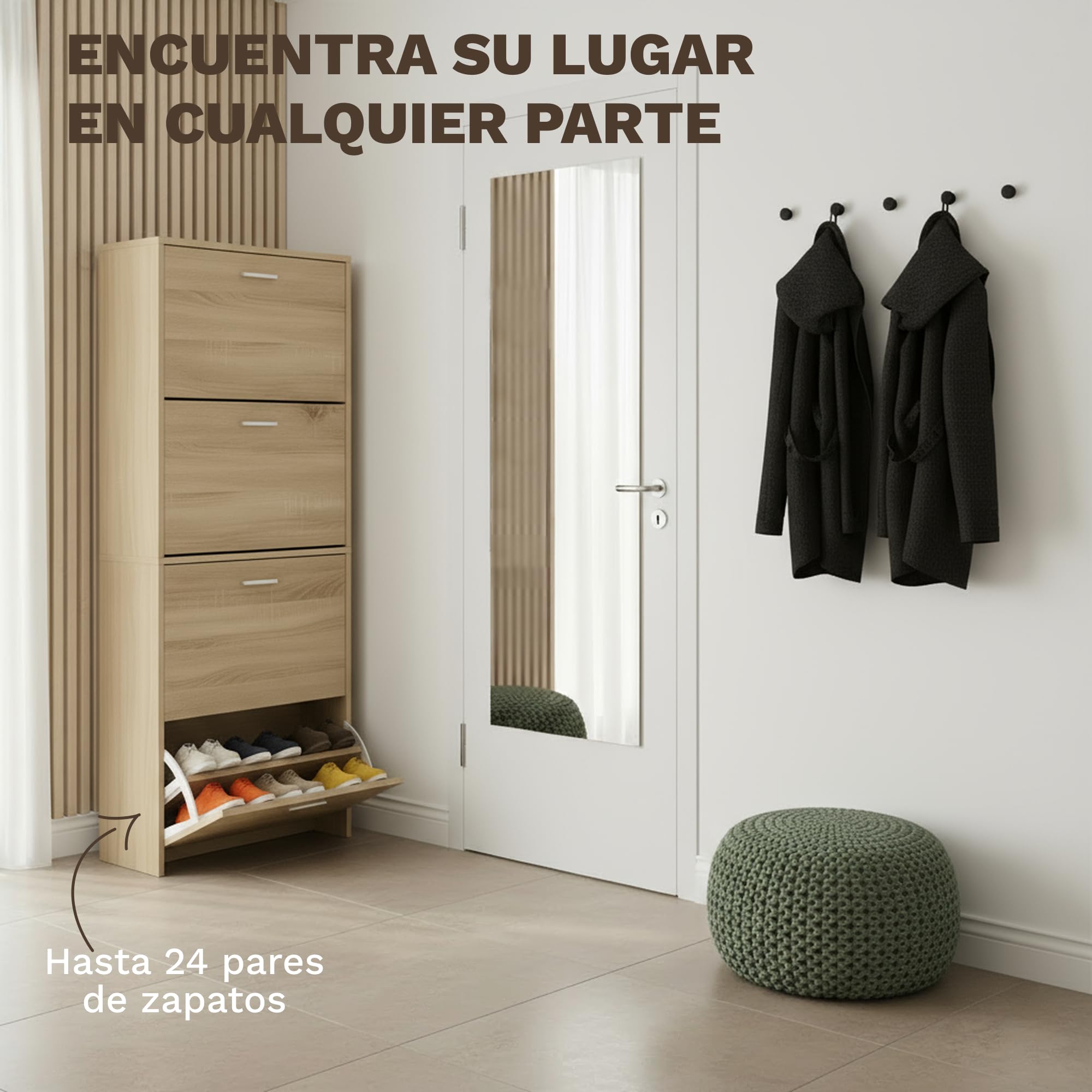 CATAVANA Zapatero Madera 24 Pares, Mueble Zapatero Entrada Recibidor con 4 Tapas, Shoe rack for bedroom, Organizador Zapatos Vertical para Pasillo, Shoe Rack Armario Calzado,60x24x150 cm, Madera Clara
