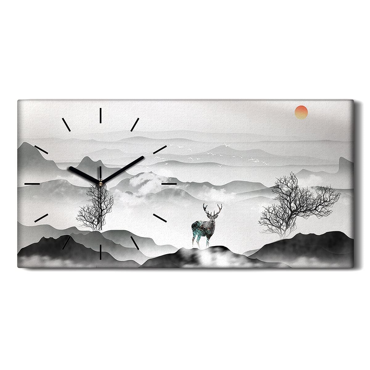 Horloge sur Toile Salon Moderne Cerf Oiseaux 60x30